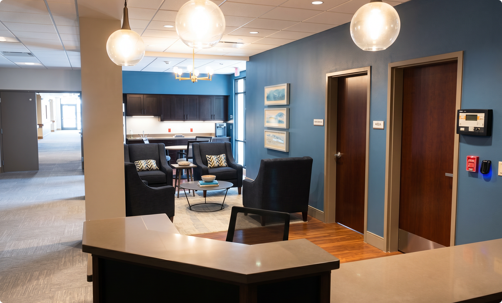 Central welcome desk with pendant lighting