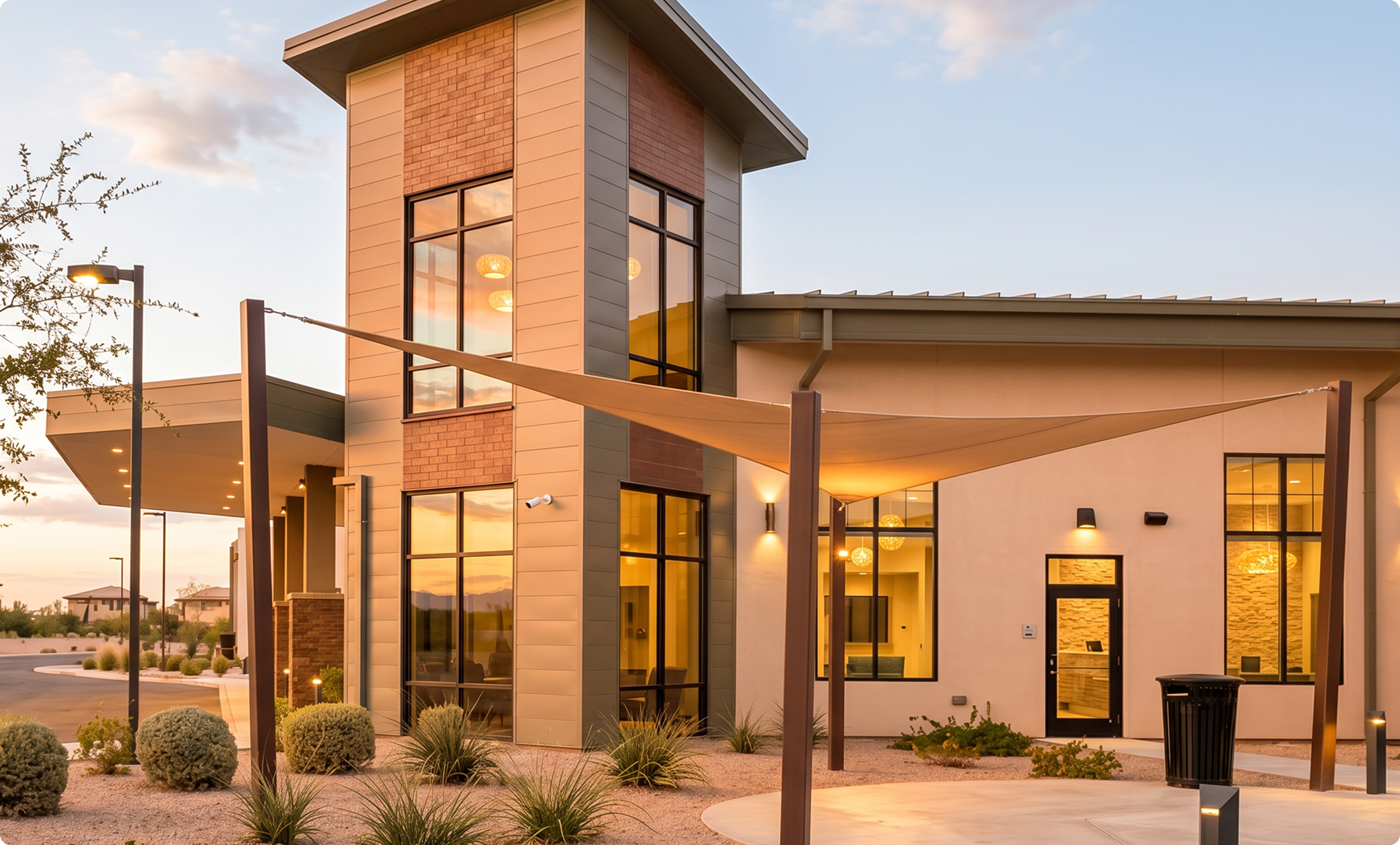 Modern healthcare campus with desert landscaping