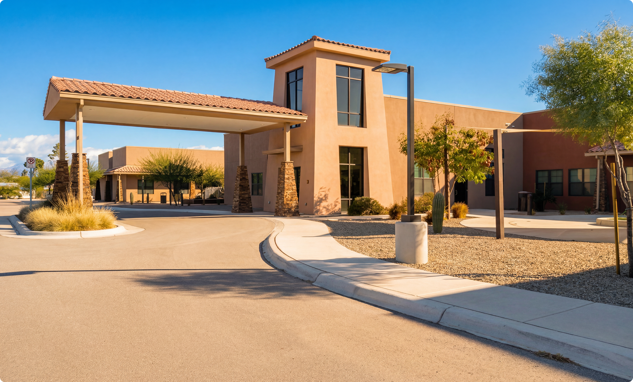 Covered drop-off entrance with circular driveway