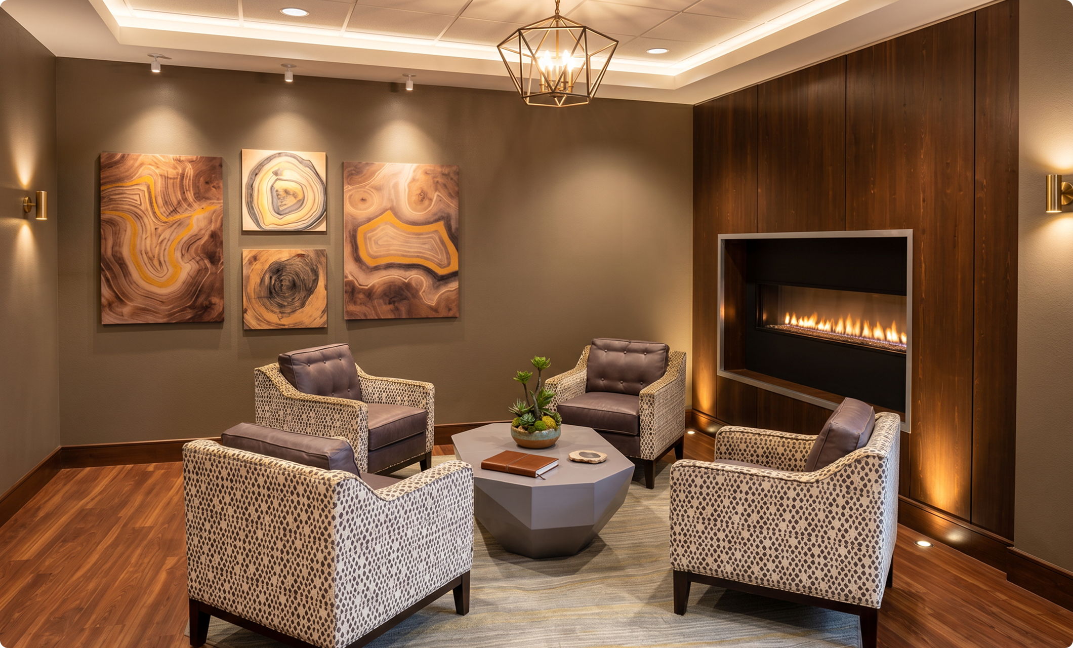 Intimate fireside lounge with built-in fireplace