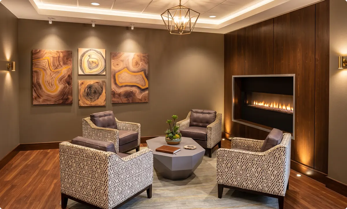 Intimate fireside lounge with built-in fireplace