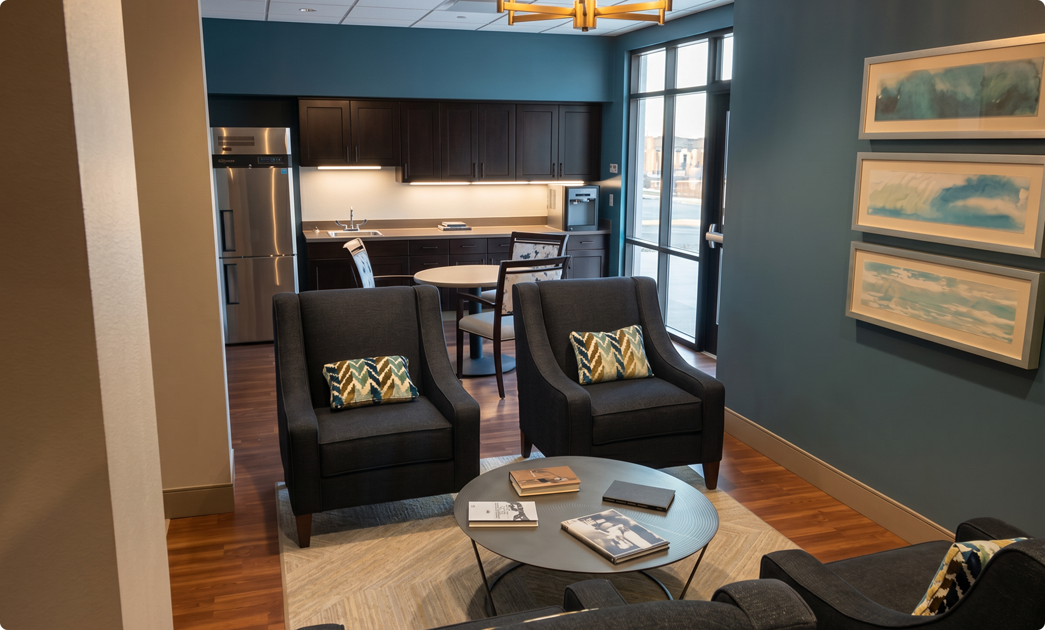 Private conversation corner with upholstered seating