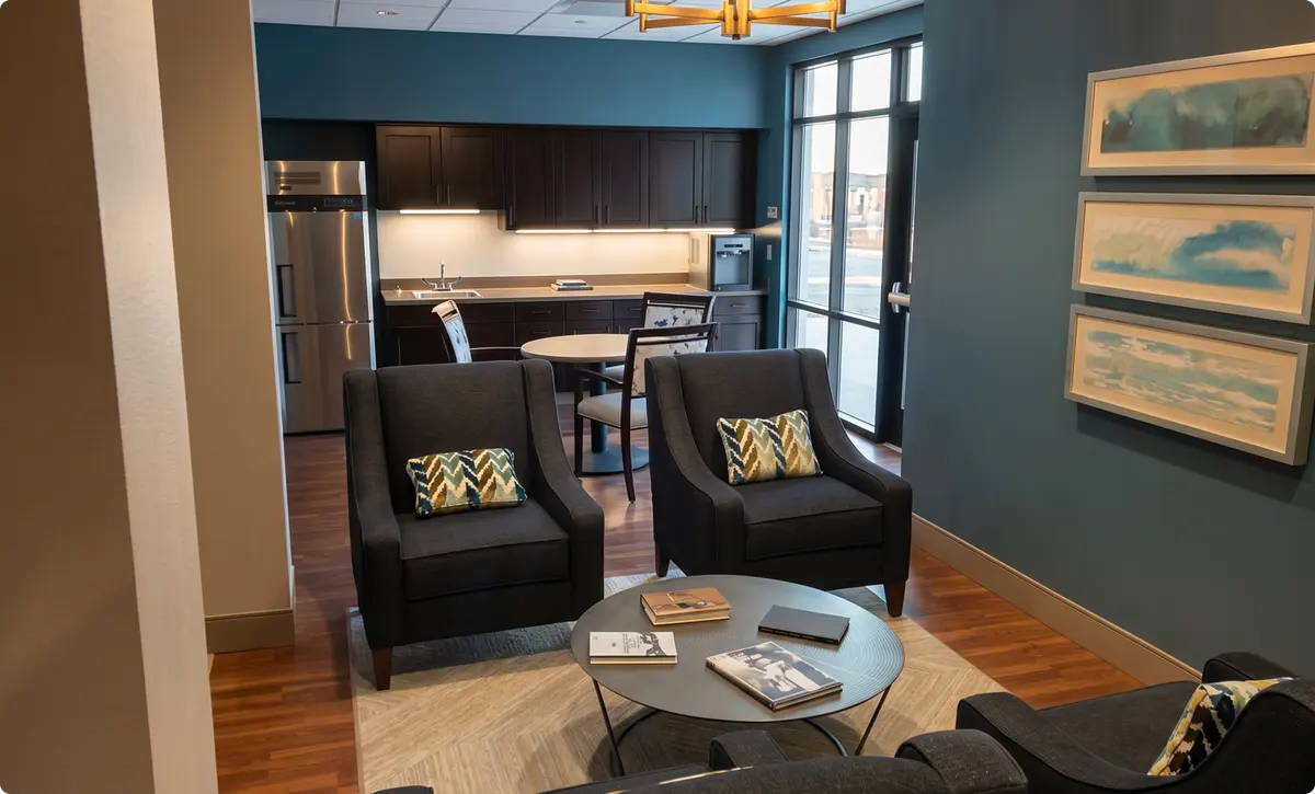Private conversation corner with upholstered seating